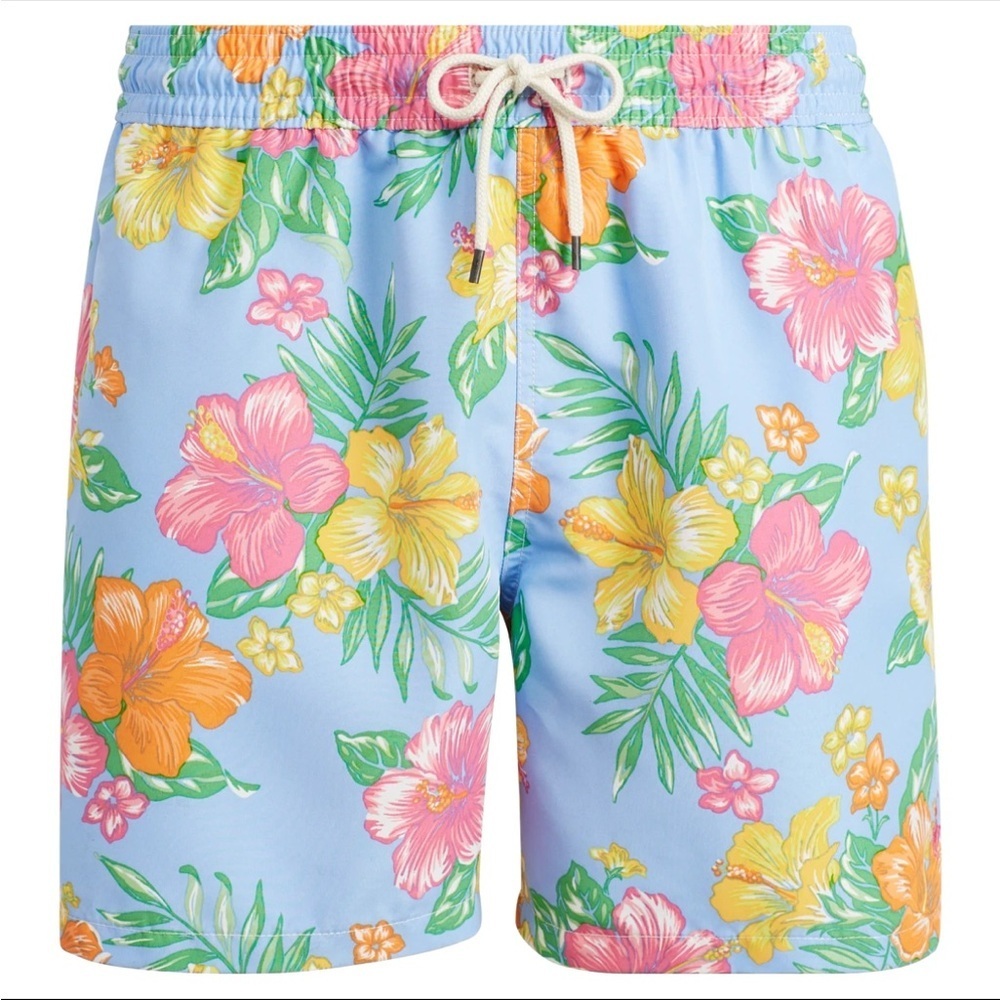 Polo Ralph Lauren blue pink hibiscus floral traveler swim trunk lined large L